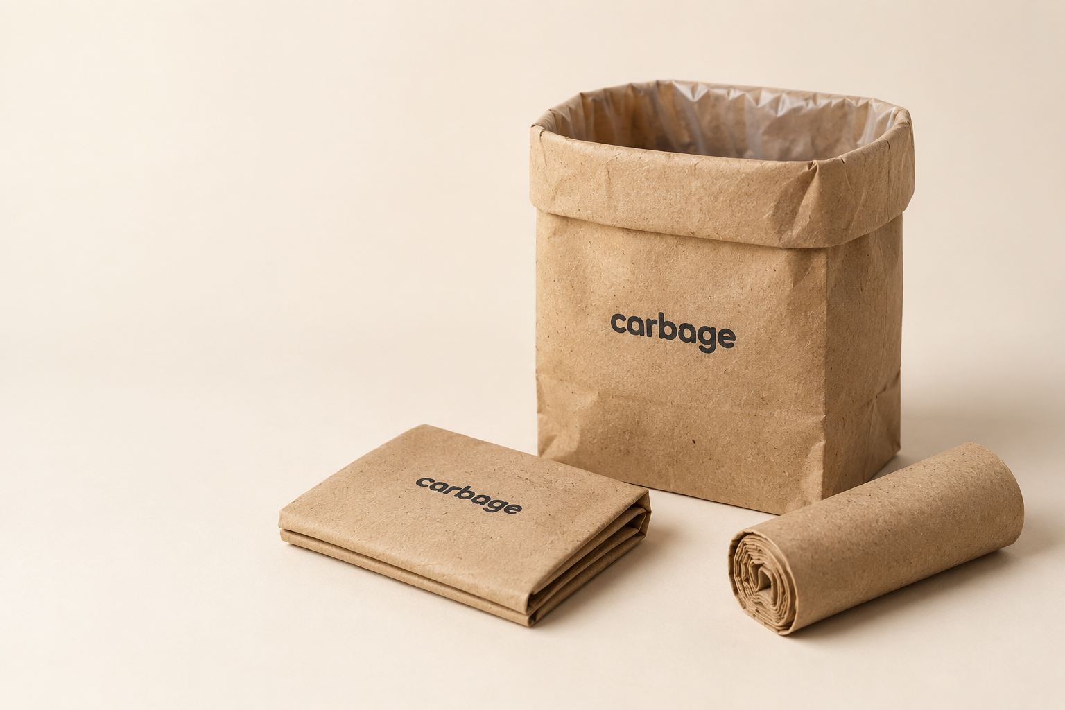 Three recycled Carbage Bags shown open, folded flat, and rolled closed